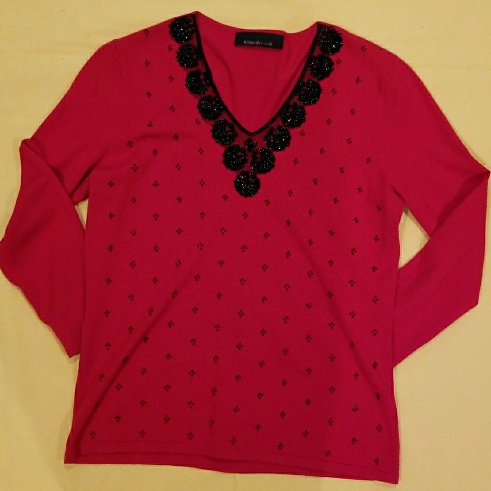 Red v-neck sweater with lovely black beaded detail
